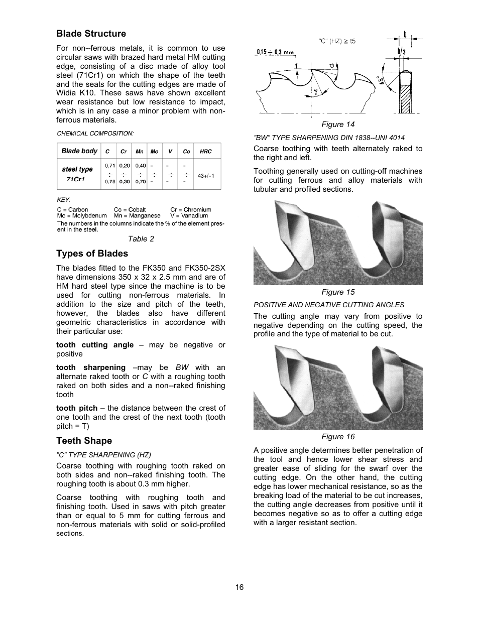 Blade structure, Types of blades, Teeth shape | Wilton FK350-4 User Manual | Page 16 / 44