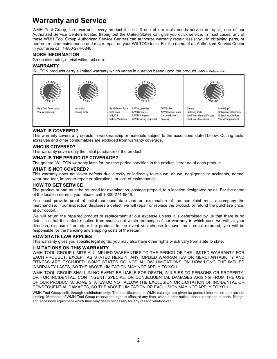 Warranty and service | Wilton FK350-4 User Manual | Page 2 / 44