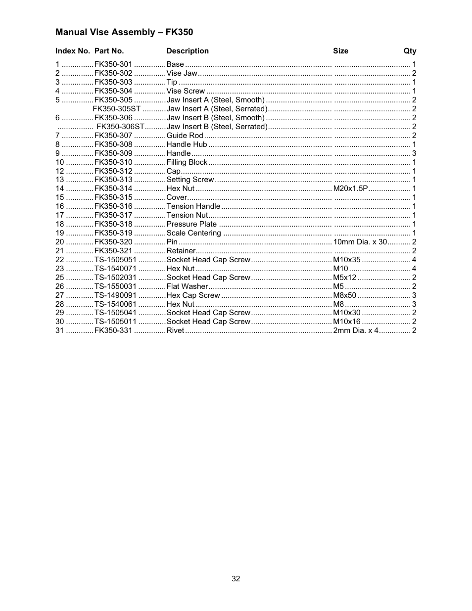 Manual vise assembly – fk350 | Wilton FK350-4 User Manual | Page 32 / 44