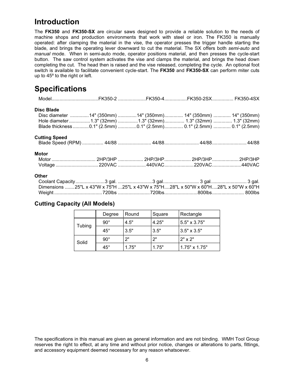 Introduction, Specifications | Wilton FK350-4 User Manual | Page 6 / 44