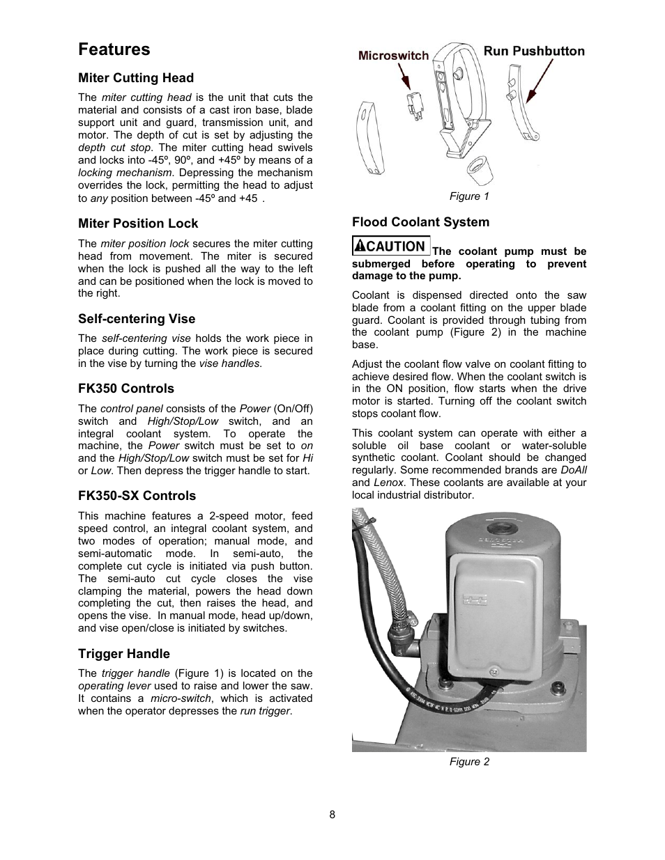 Miter cutting head, Miter position lock, Self-centering vise | Fk350 controls, Fk350-sx controls, Trigger handle, Flood coolant system, Features | Wilton FK350-4 User Manual | Page 8 / 44