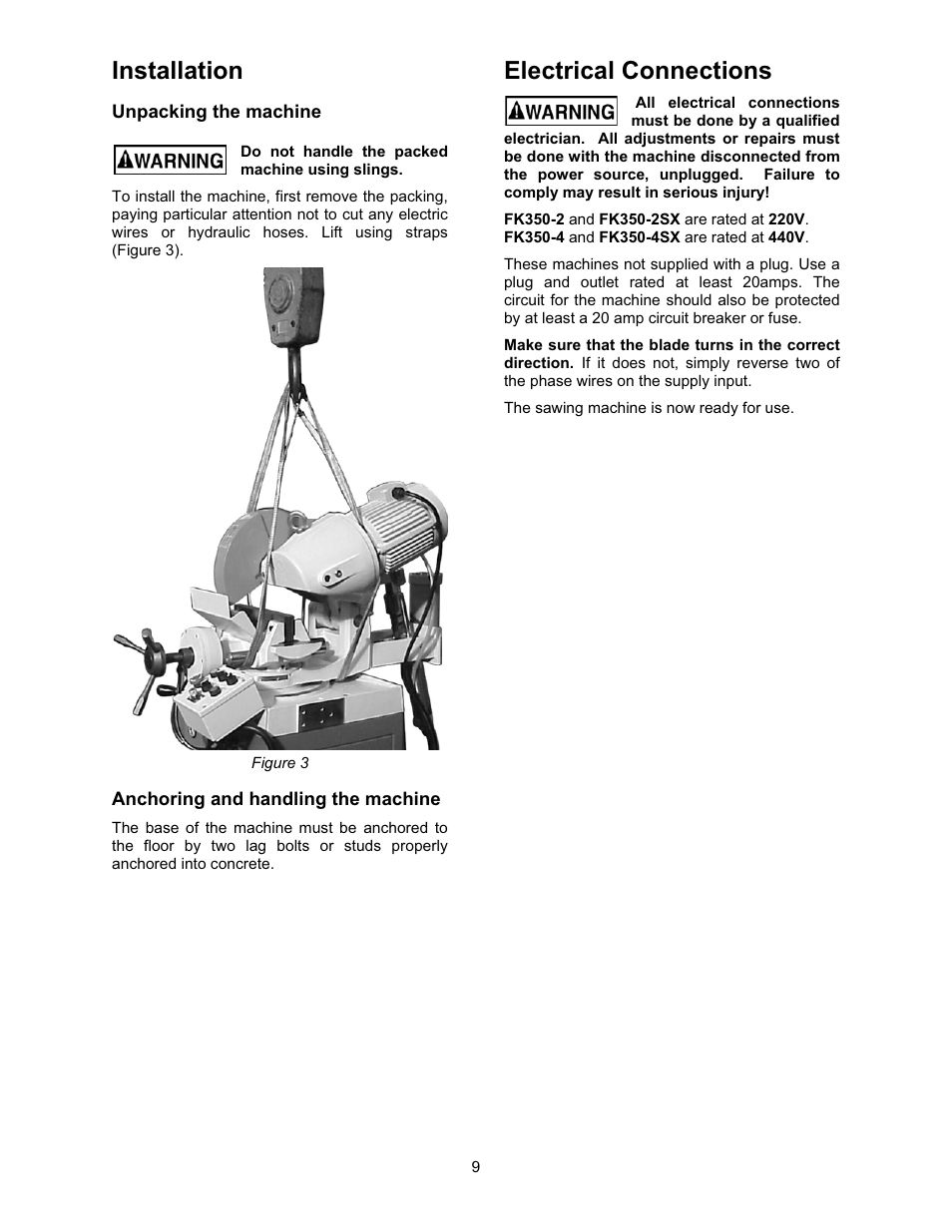 Installation, Unpacking the machine, Anchoring and handling the machine | Electrical connections | Wilton FK350-4 User Manual | Page 9 / 44