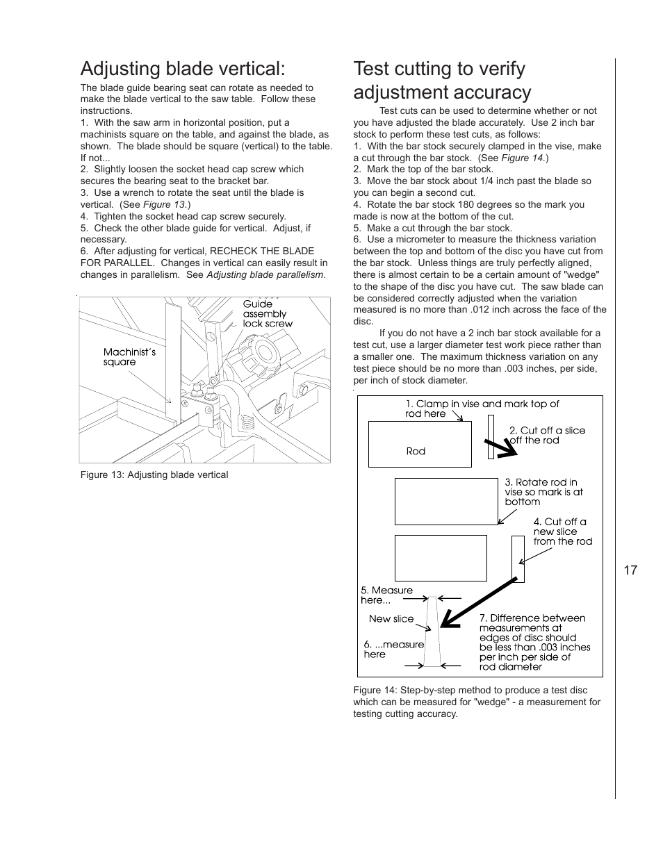 Adjusting blade vertical, Test cutting to verify adjustment accuracy | Wilton 3410 User Manual | Page 17 / 30