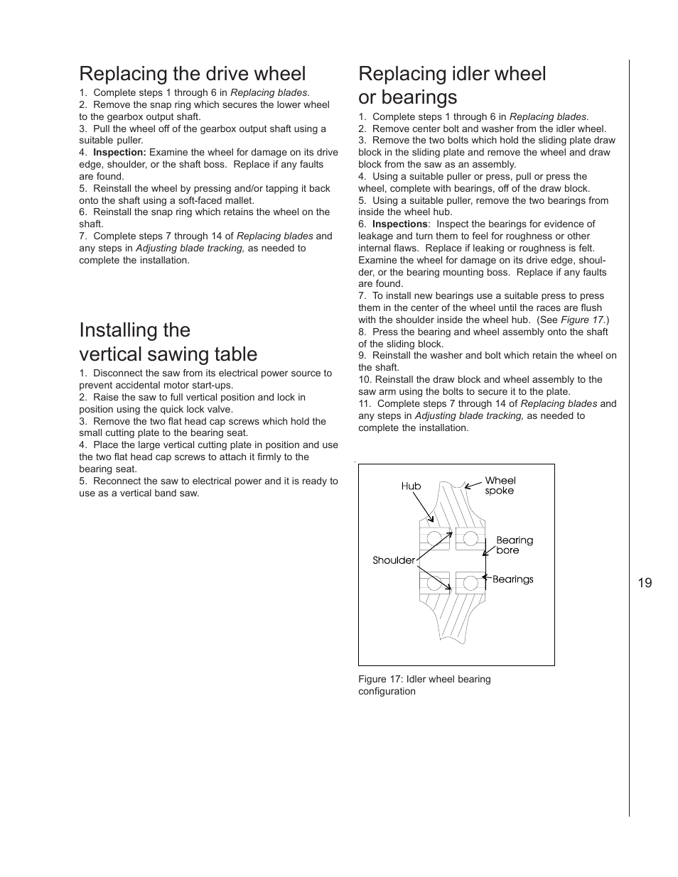 Replacing the drive wheel, Installing the vertical sawing table, Replacing idler wheel or bearings | Wilton 3410 User Manual | Page 19 / 30