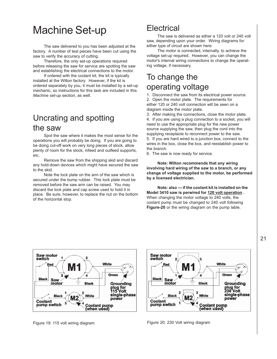 Machine set-up, Uncrating and spotting the saw, Electrical | Wilton 3410 User Manual | Page 21 / 30