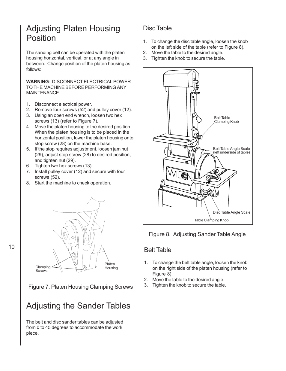 Adjusting platen housing position, Adjusting the sander tables, Disc table | Belt table | Wilton 4210 User Manual | Page 10 / 24