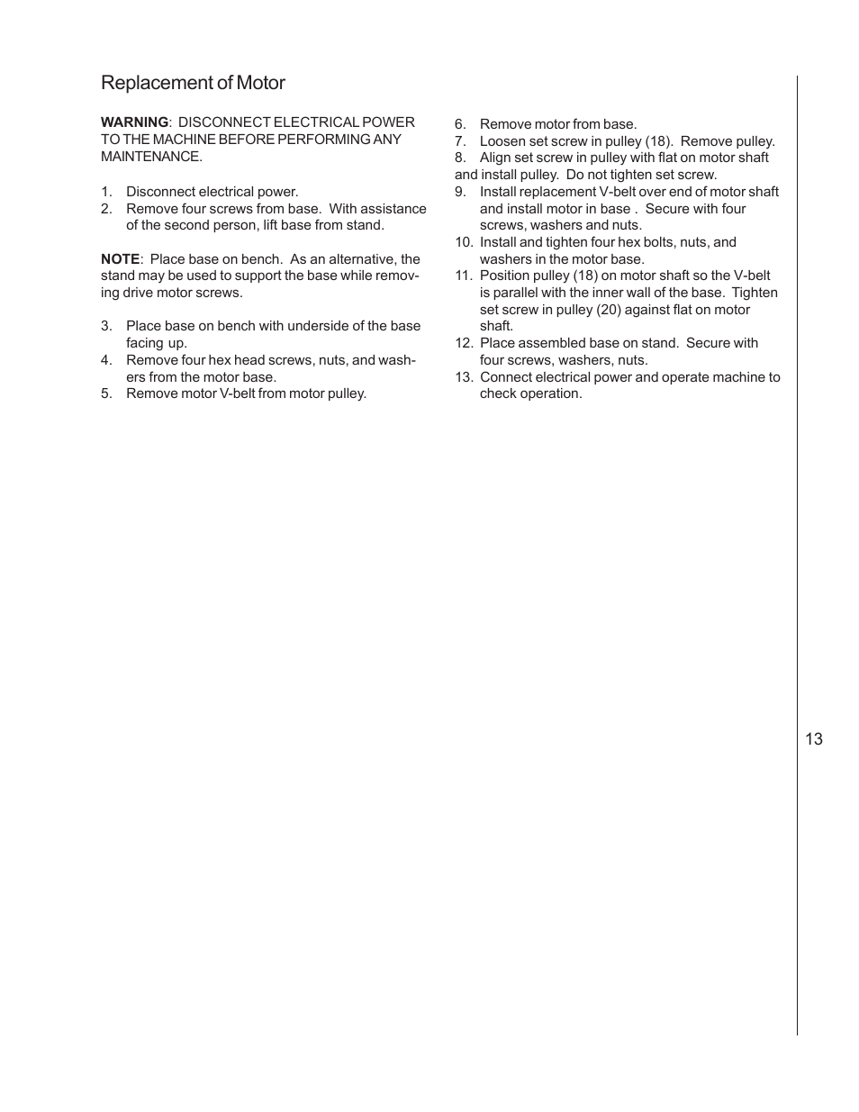 Replacement of motor | Wilton 4210 User Manual | Page 13 / 24