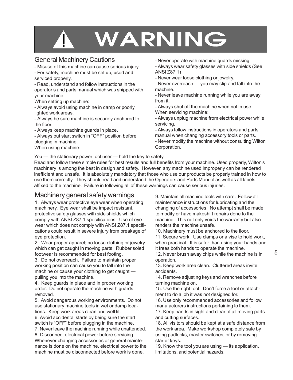 Machinery general safety warnings, General machinery cautions | Wilton 4210 User Manual | Page 5 / 24