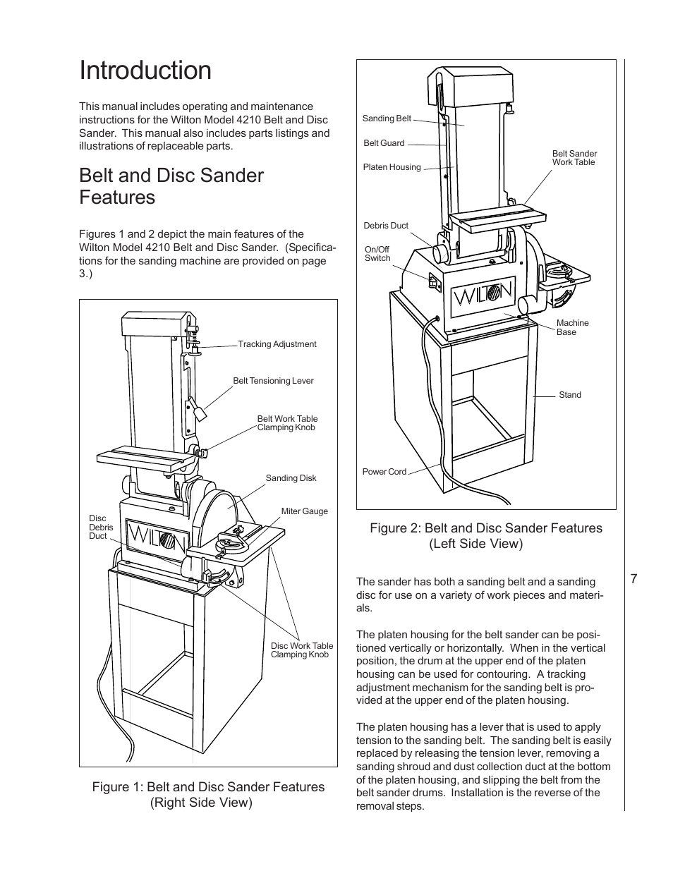 Introduction, Belt and disc sander features | Wilton 4210 User Manual | Page 7 / 24