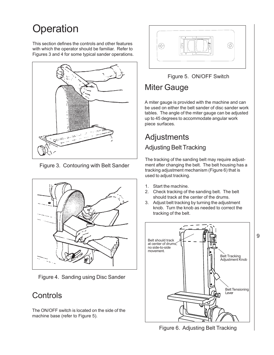 Operation, Controls, Miter gauge | Adjustments, Adjusting belt tracking | Wilton 4210 User Manual | Page 9 / 24