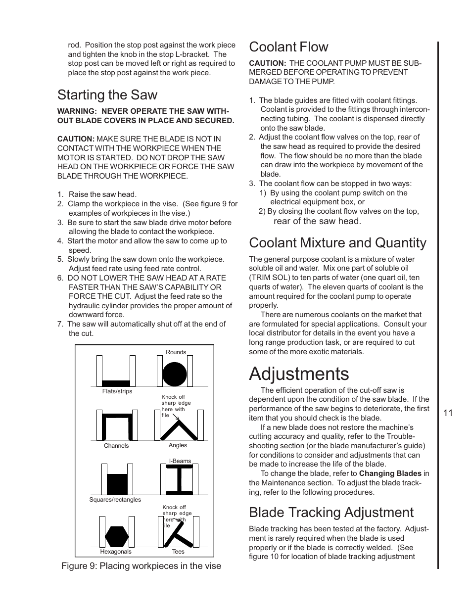 Adjustments, Starting the saw, Coolant flow | Coolant mixture and quantity, Blade tracking adjustment | Wilton 7060 User Manual | Page 11 / 28