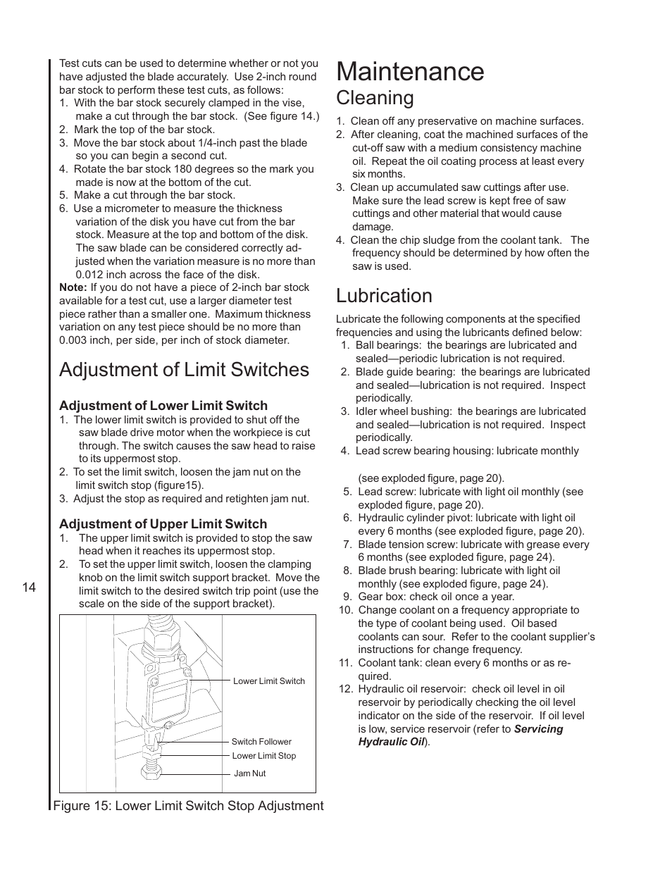 Maintenance, Adjustment of limit switches, Cleaning | Lubrication | Wilton 7060 User Manual | Page 14 / 28
