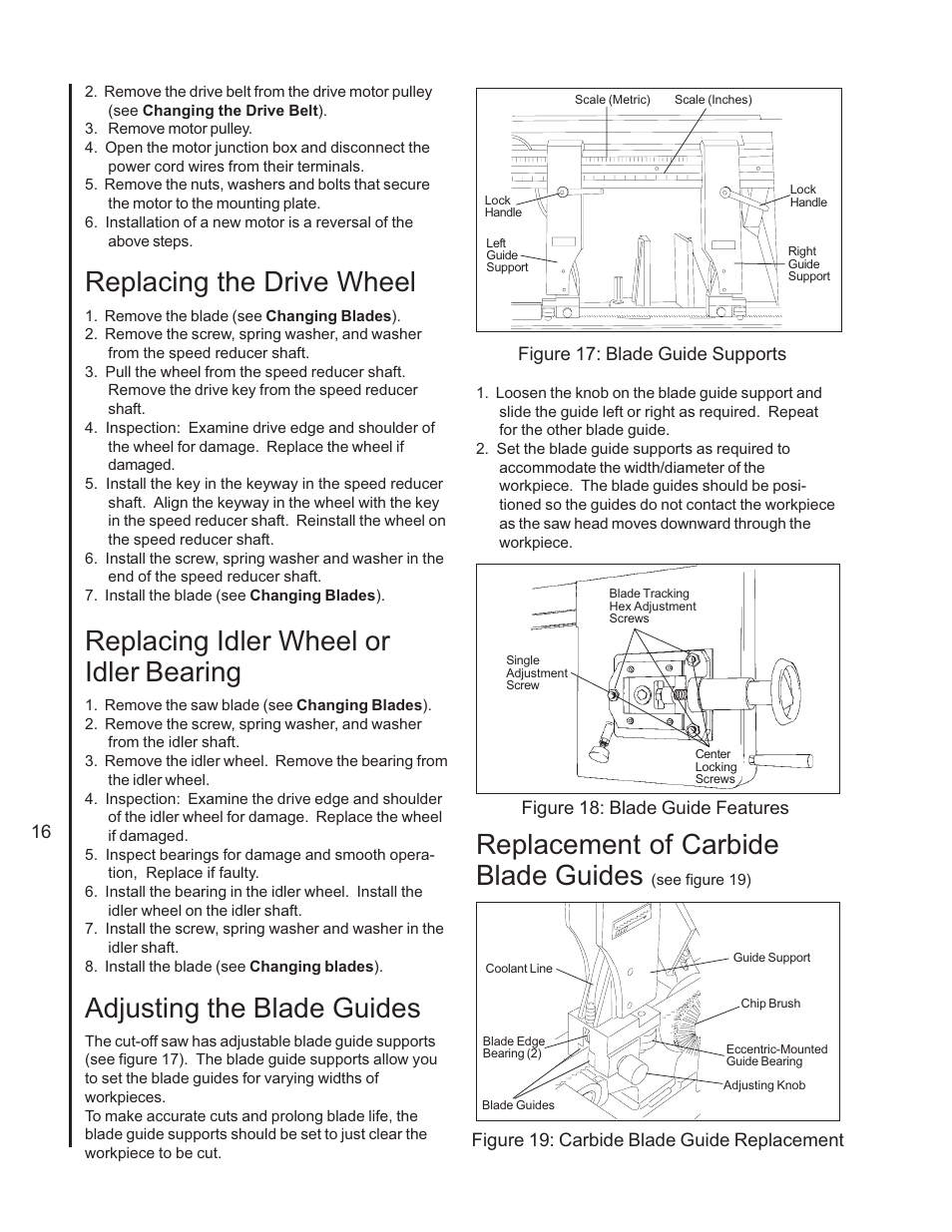 Replacement of carbide blade guides, Replacing the drive wheel, Replacing idler wheel or idler bearing | Adjusting the blade guides | Wilton 7060 User Manual | Page 16 / 28