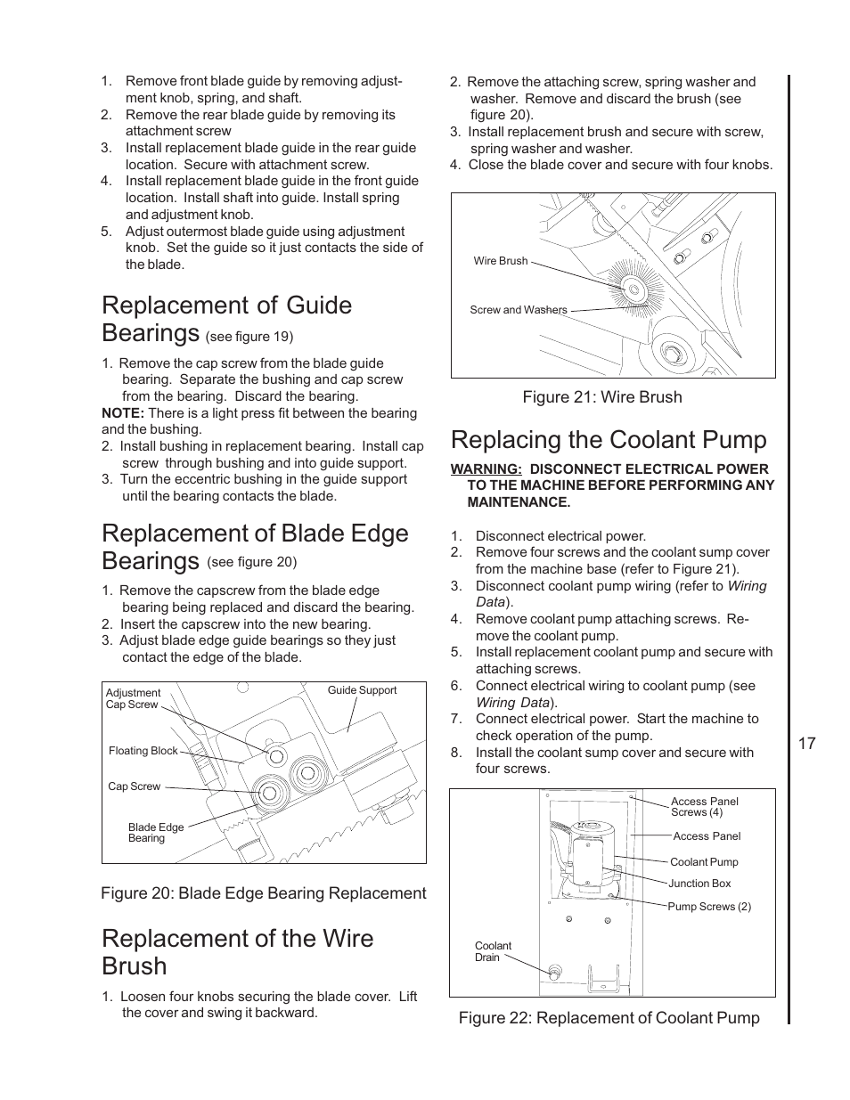 Replacement of guide bearings, Replacement of blade edge bearings, Replacement of the wire brush | Replacing the coolant pump | Wilton 7060 User Manual | Page 17 / 28