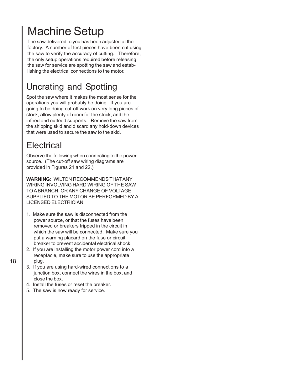Machine setup, Uncrating and spotting, Electrical | Wilton 7060 User Manual | Page 18 / 28