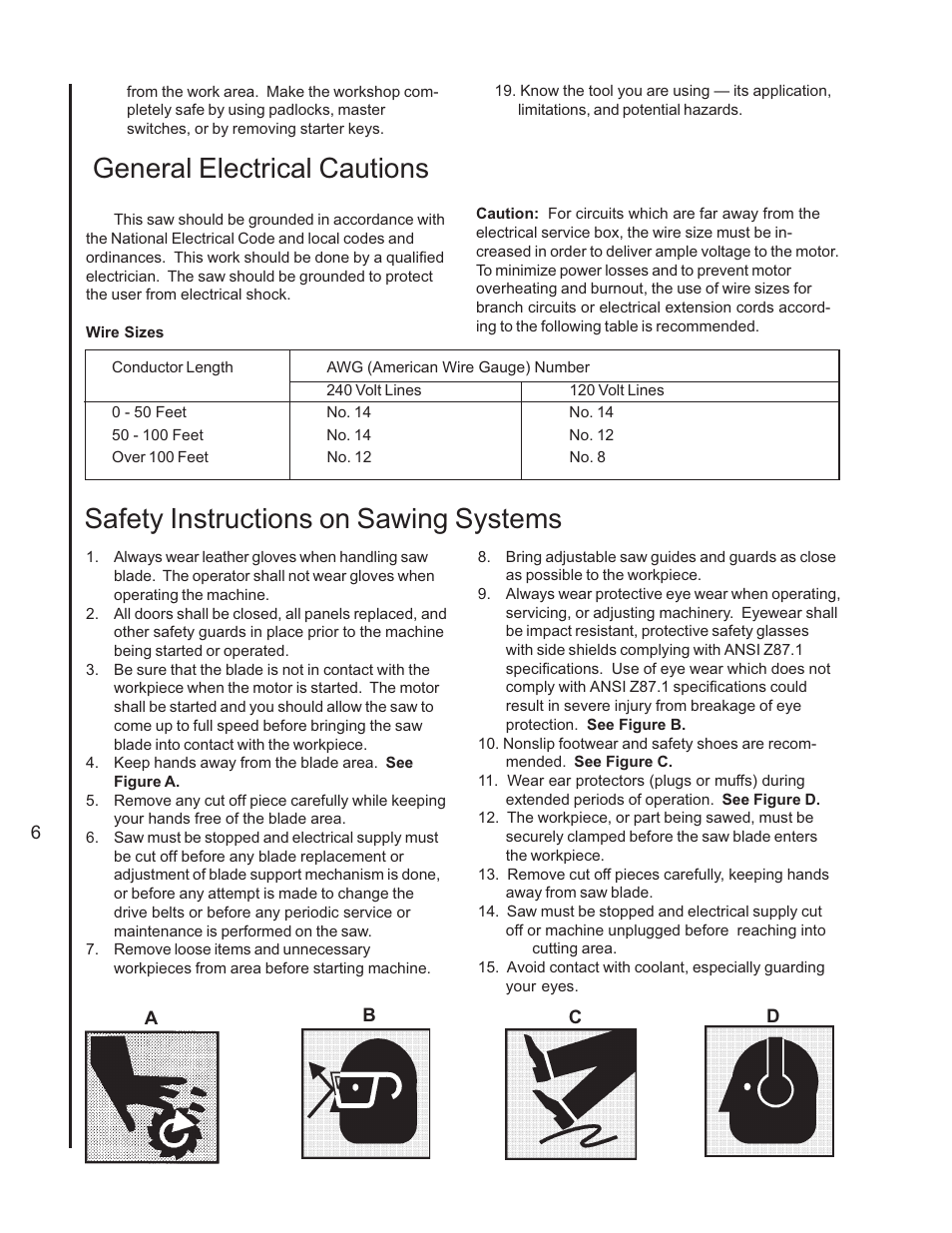 Safety instructions on sawing systems, General electrical cautions | Wilton 7060 User Manual | Page 6 / 28