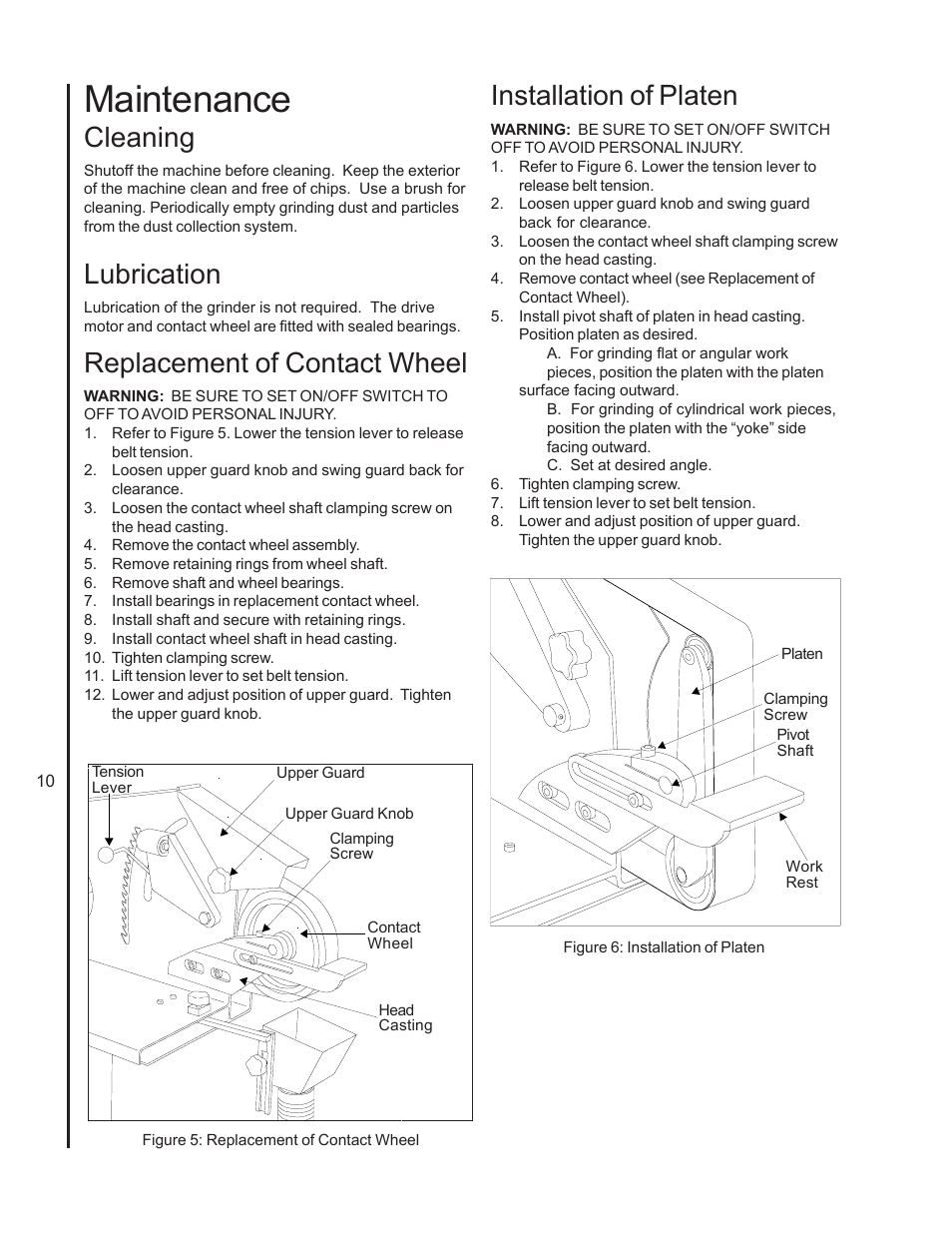 Maintenance, Cleaning, Lubrication | Replacement of contact wheel, Installation of platen | Wilton 4103 User Manual | Page 10 / 28