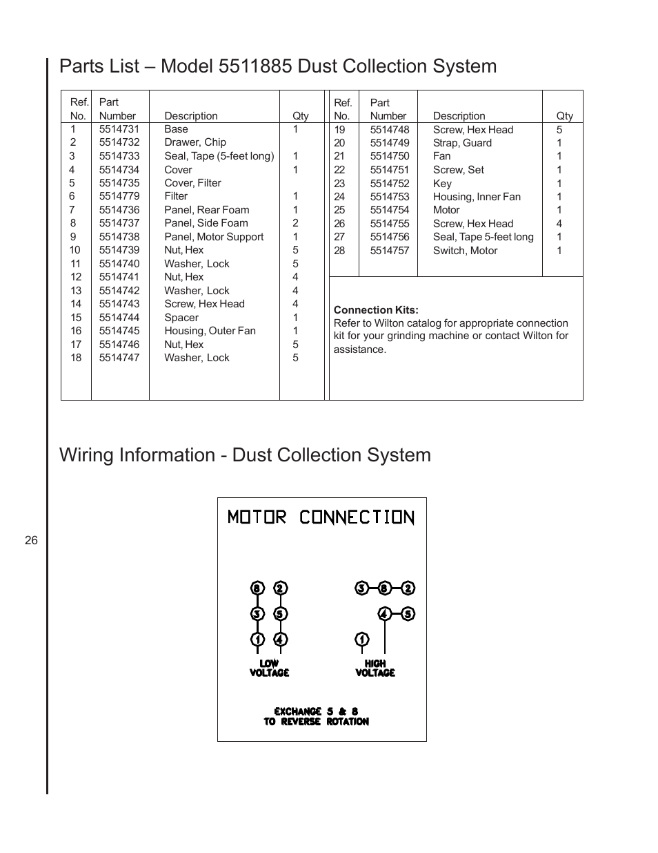 Parts list – model 5511885 dust collection system, Wiring information - dust collection system | Wilton 4103 User Manual | Page 26 / 28