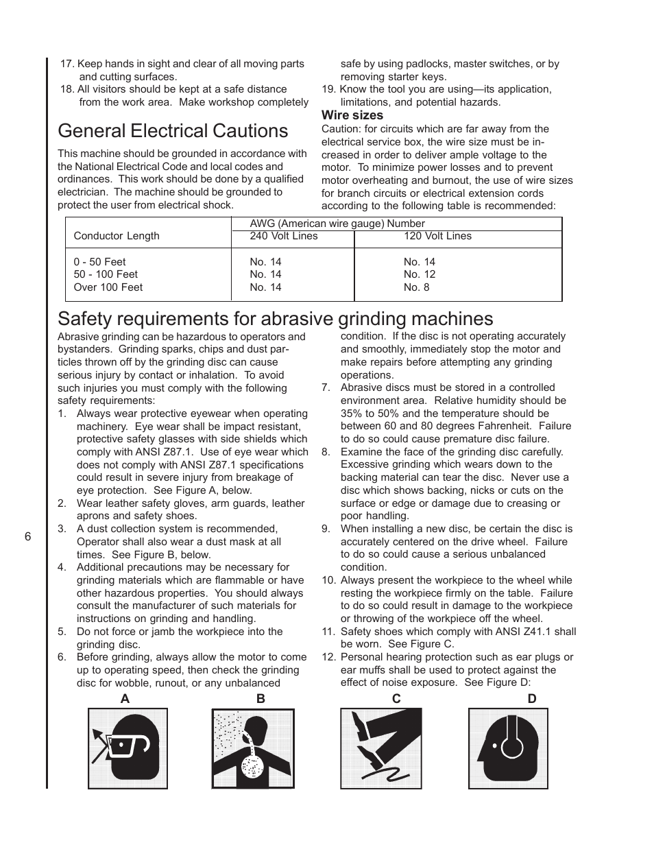 General electrical cautions, Safety requirements for abrasive grinding machines | Wilton 4103 User Manual | Page 6 / 28