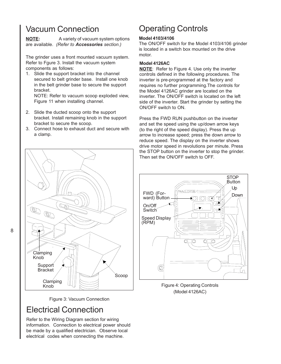 Vacuum connection, Electrical connection, Operating controls | Wilton 4103 User Manual | Page 8 / 28