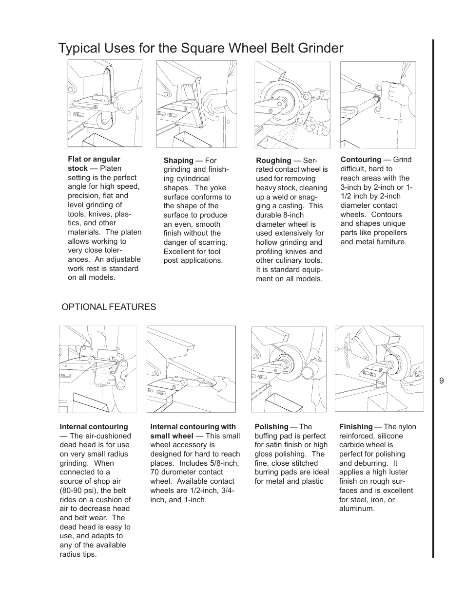 Typical uses for the square wheel belt grinder, Optional features | Wilton 4103 User Manual | Page 9 / 28