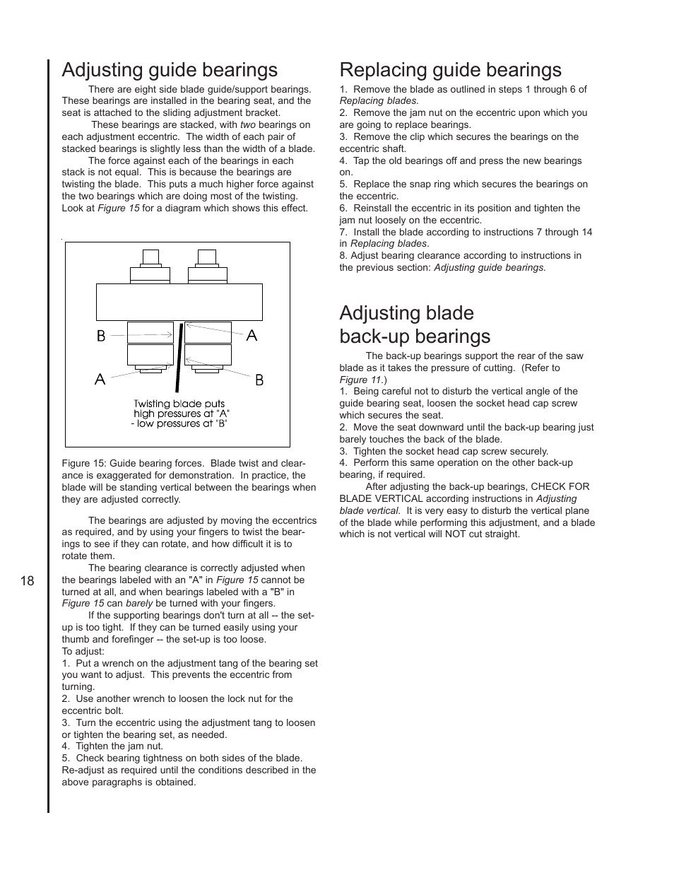 Adjusting guide bearings, Replacing guide bearings, Adjusting blade back-up bearings | Wilton 3400 User Manual | Page 18 / 30