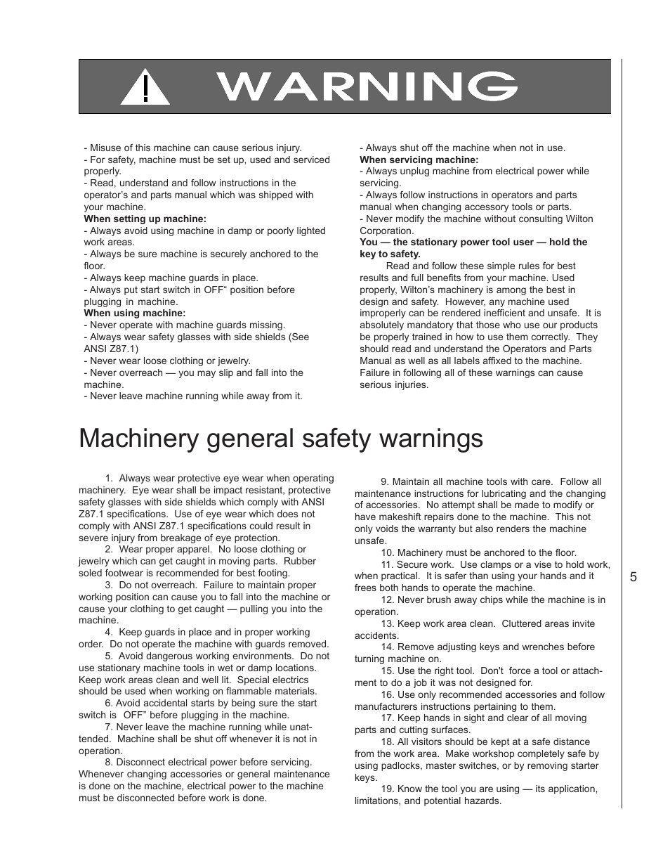 Warnings, Machinery general safety warnings | Wilton 3400 User Manual | Page 5 / 30