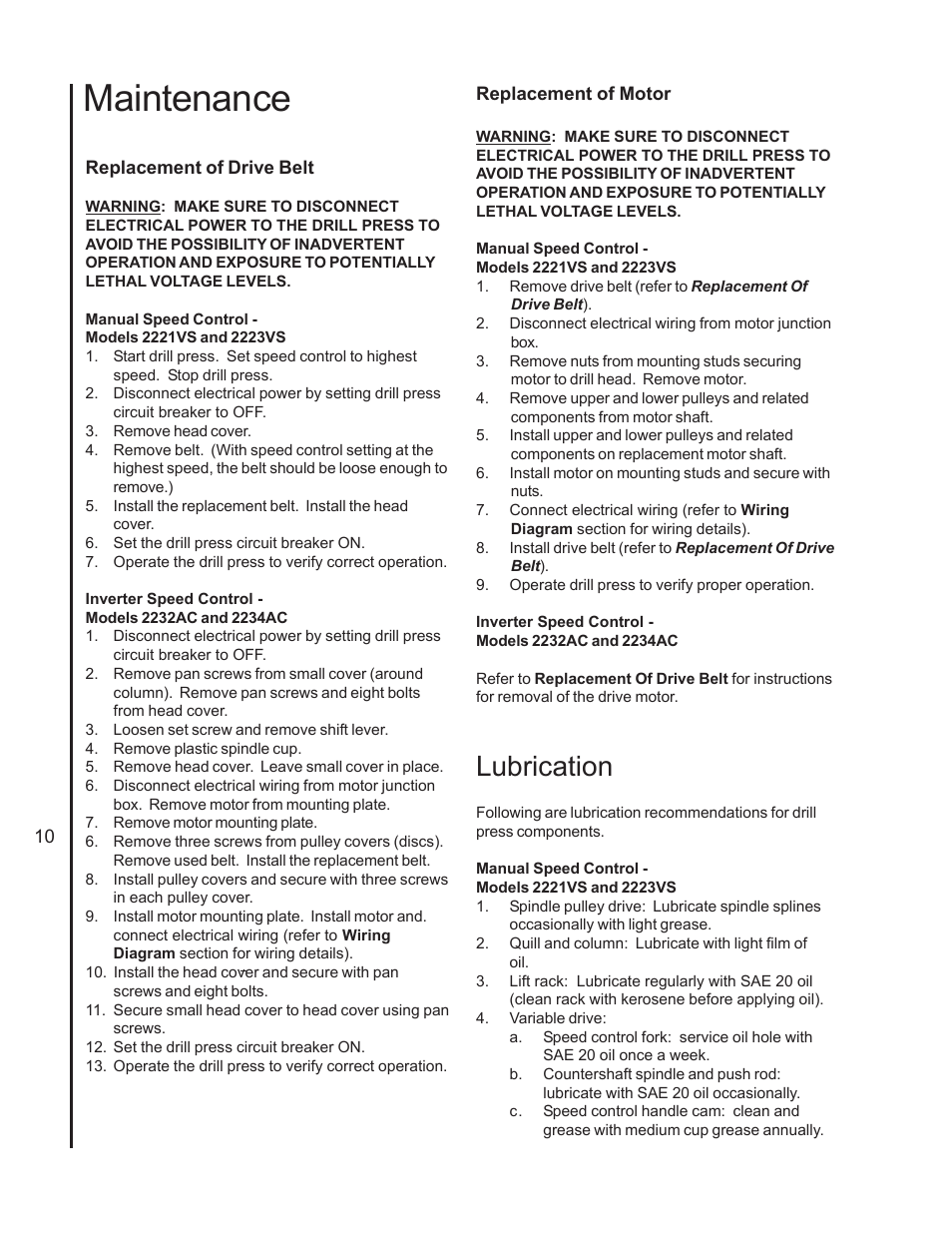 Maintenance, Lubrication | Wilton 2221VS User Manual | Page 10 / 28