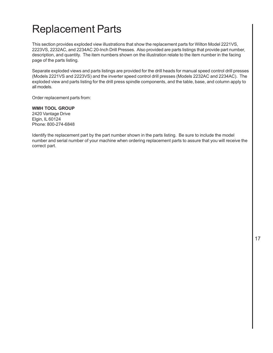 Replacement parts | Wilton 2221VS User Manual | Page 17 / 28