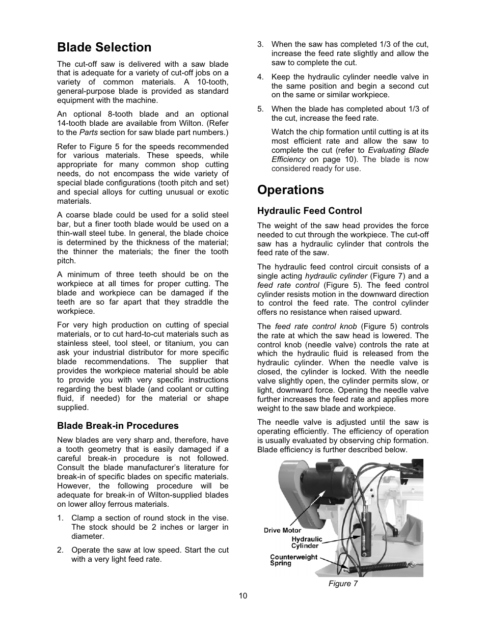 Blade selection & break-in, Operations, Hydraulic feed control | Blade selection | Wilton 7015 User Manual | Page 10 / 32