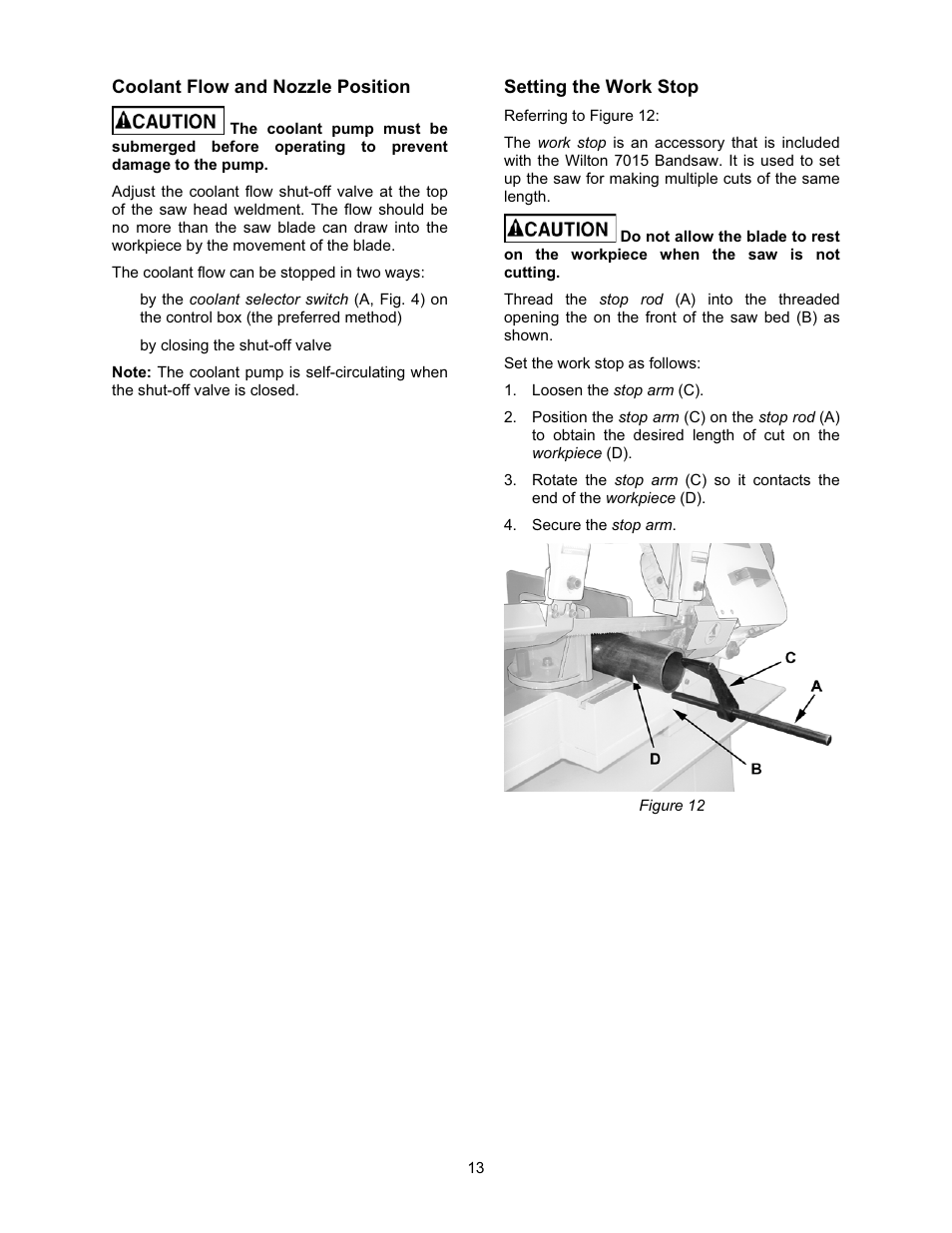 Coolant flow and nozzle position, Setting the work stop | Wilton 7015 User Manual | Page 13 / 32