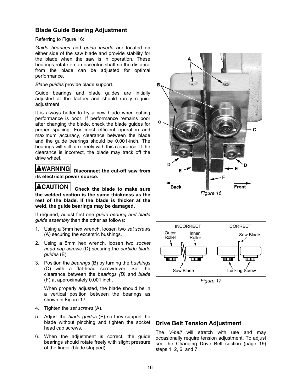 Blade guide bearing adjustment, Drive belt tension adjustment | Wilton 7015 User Manual | Page 16 / 32