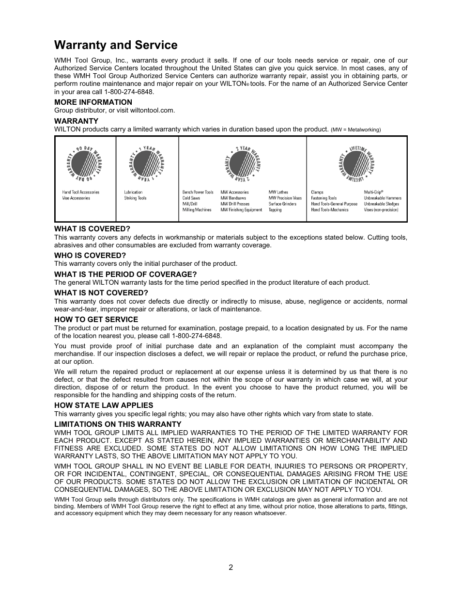 Warranty and service | Wilton 7015 User Manual | Page 2 / 32