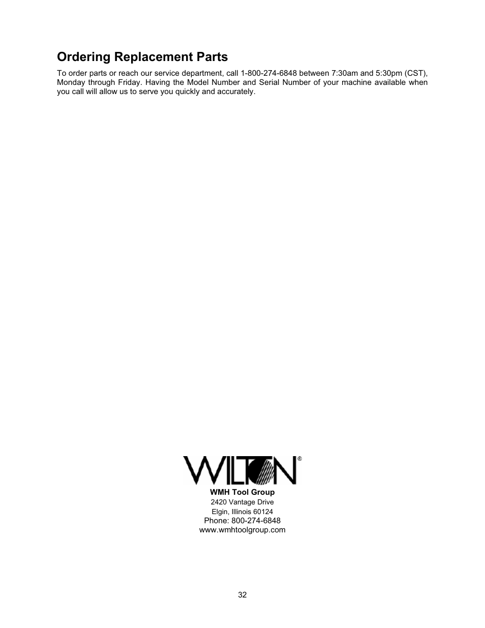 Ordering replacement parts | Wilton 7015 User Manual | Page 32 / 32