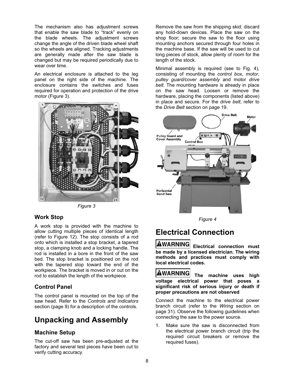 Work stop, Control panel, Unpacking and assembly | Electrical connection | Wilton 7015 User Manual | Page 8 / 32