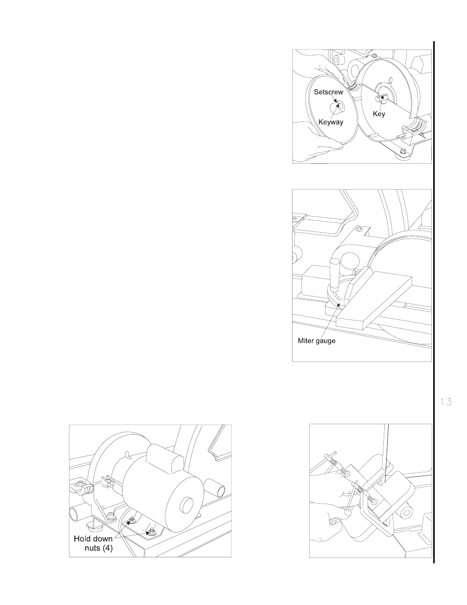 Typical operations, Changing abrasive discs (continued), Miter gauge | Motor belt | Wilton 4002 User Manual | Page 13 / 20