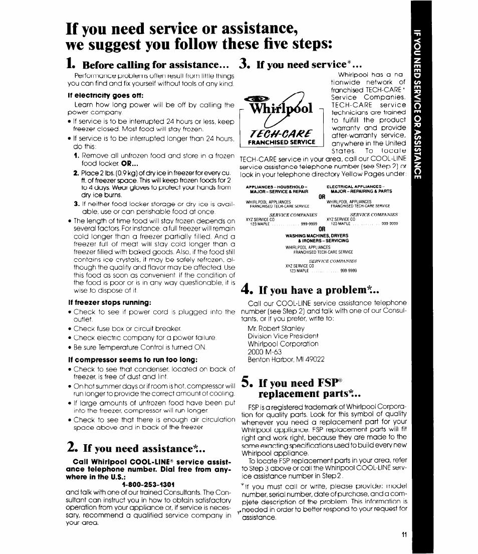 Whir ol, Before cauing for assistance, If you need assistance | If you need service, If you have a problem, If you need fsp® replacement parts, Rfc^-ga/^f | Whirlpool EVISOF User Manual | Page 11 / 12