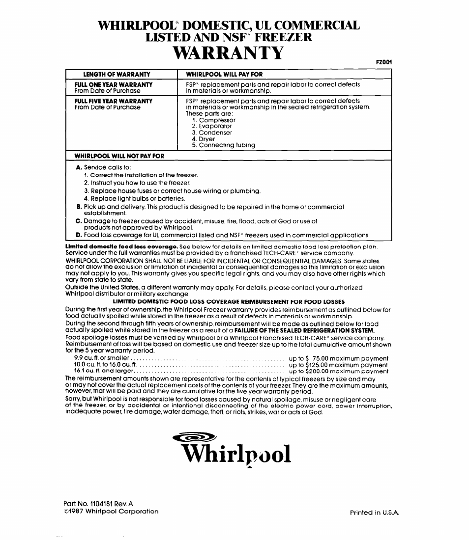 Whirlpool, Warranty | Whirlpool EVISOF User Manual | Page 12 / 12