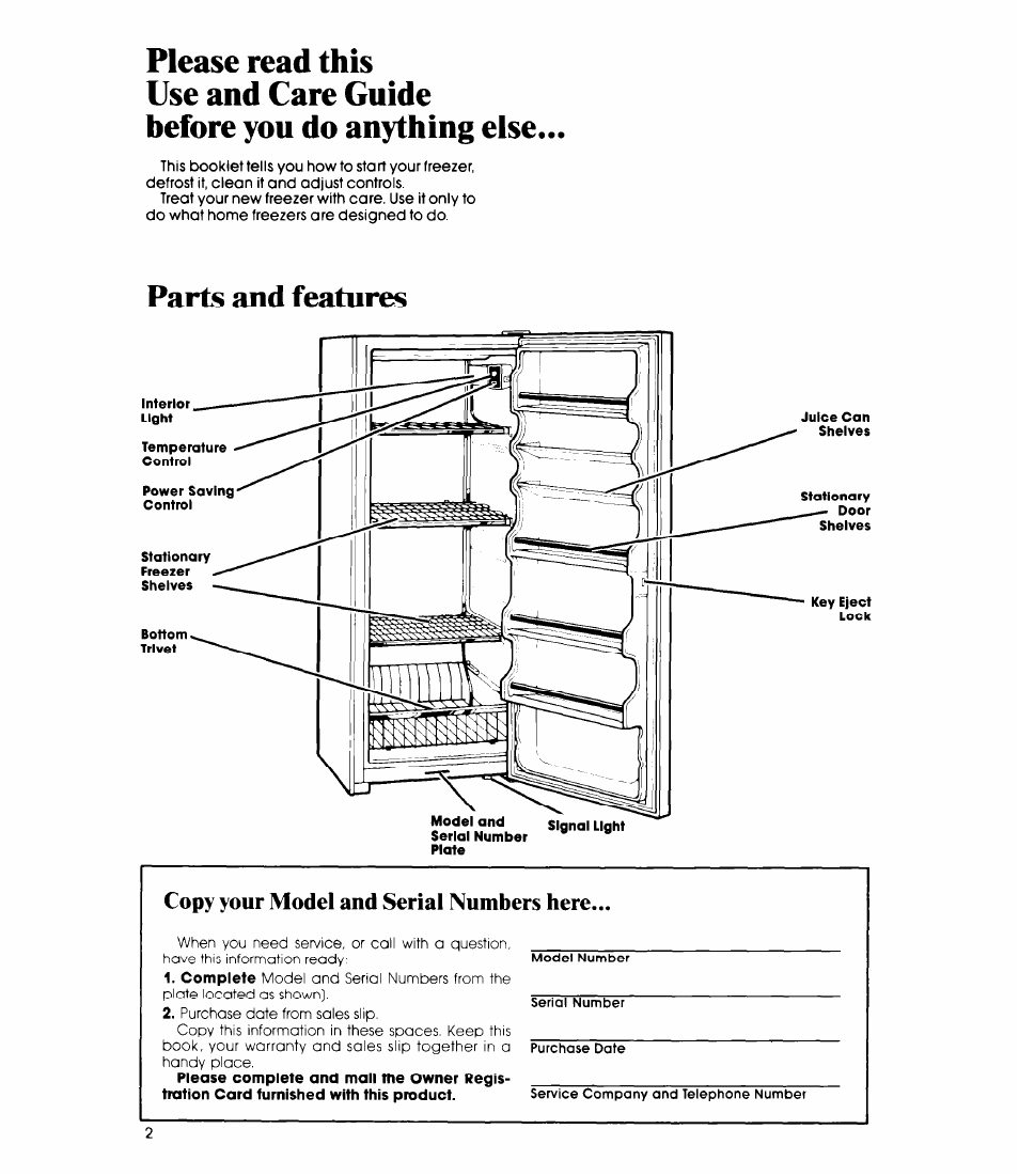 Parts and features, Copy your model and serial numbers here | Whirlpool EVISOF User Manual | Page 2 / 12