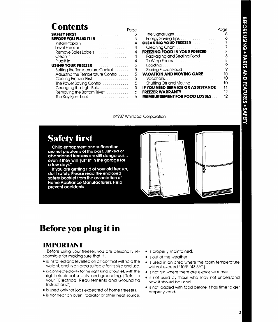 Contents p, Safety first, Before you plug it in | Important | Whirlpool EVISOF User Manual | Page 3 / 12