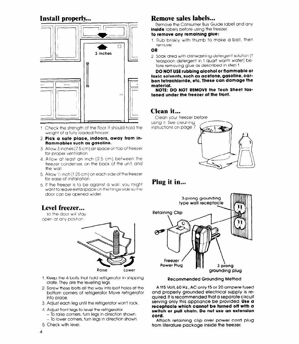 Install properly, Level freezer, Remove sales labels | Clean it, Plug it in | Whirlpool EVISOF User Manual | Page 4 / 12