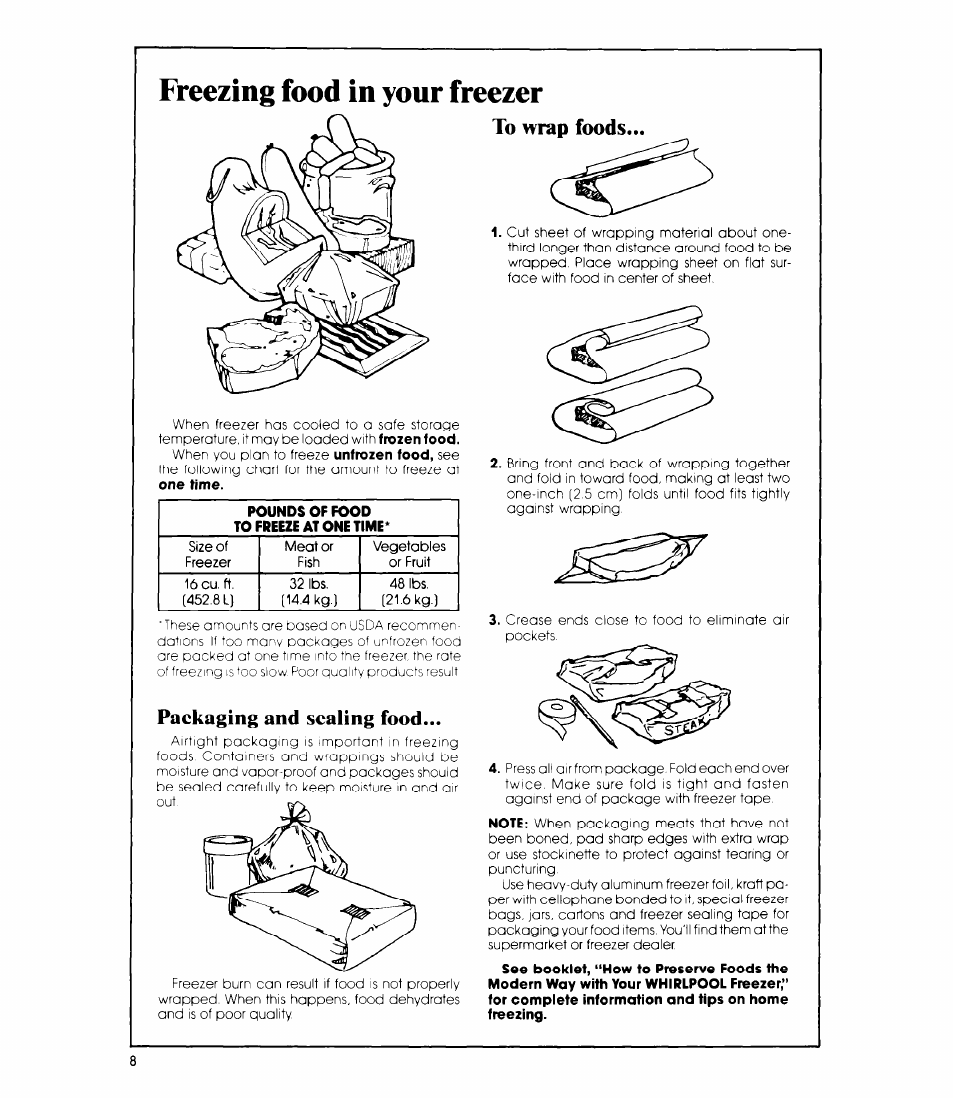 Freezing food in your freezer, Packaging and sealing food | Whirlpool EVISOF User Manual | Page 8 / 12