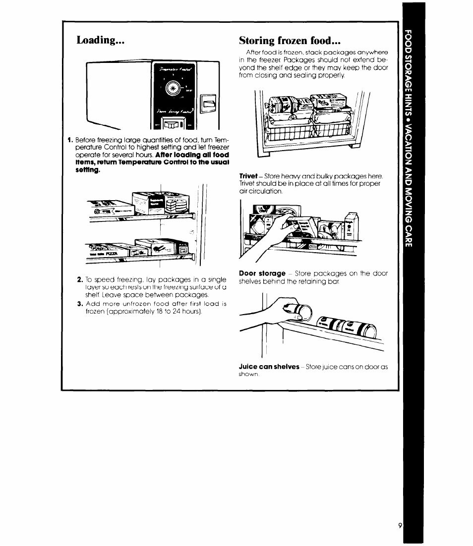 Loading, Storing frozen food | Whirlpool EVISOF User Manual | Page 9 / 12