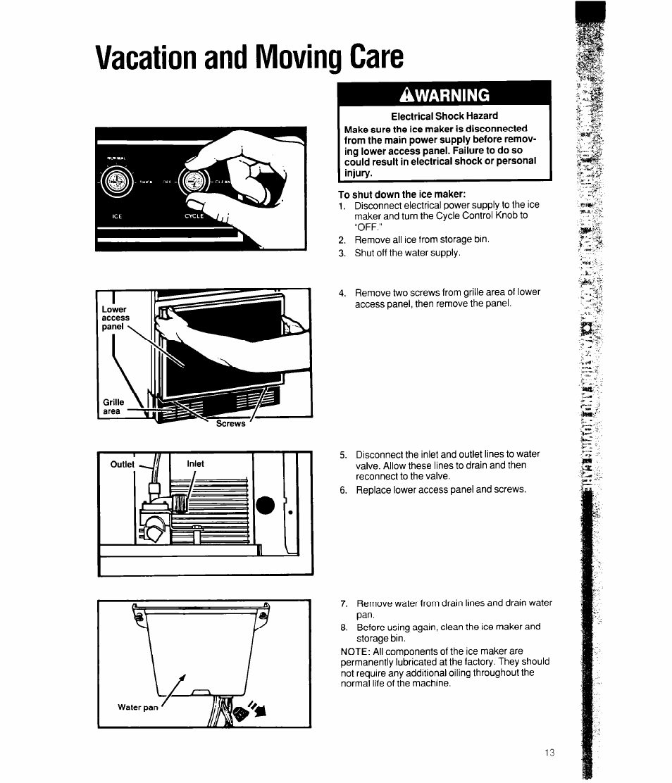 Vacation and moving care, Warning | Whirlpool EC510 User Manual | Page 13 / 16