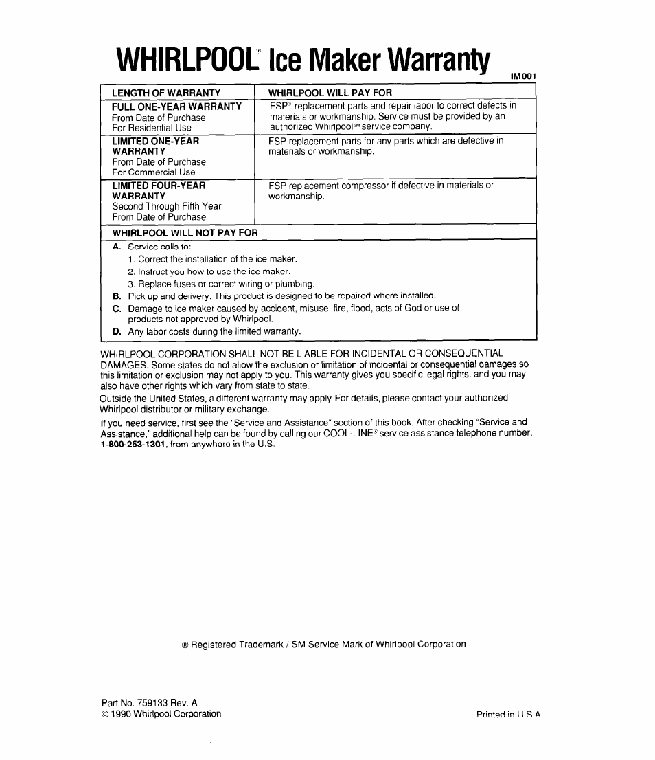 Whirlpool ice maker warranty, Whirlpooi ice maker warranty | Whirlpool EC510 User Manual | Page 16 / 16