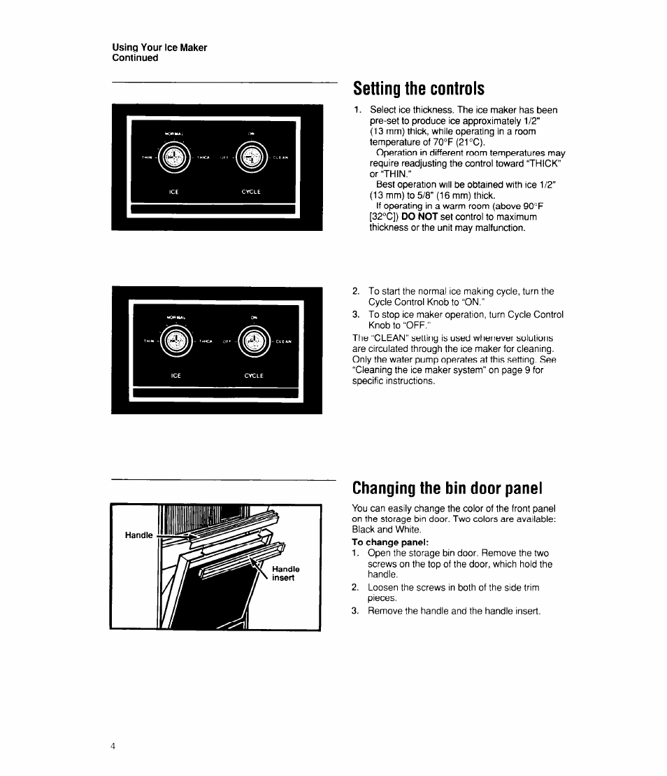 Setting the controls, Changing the bin door panel, Setting the controls changing the bin door panel | Whirlpool EC510 User Manual | Page 4 / 16