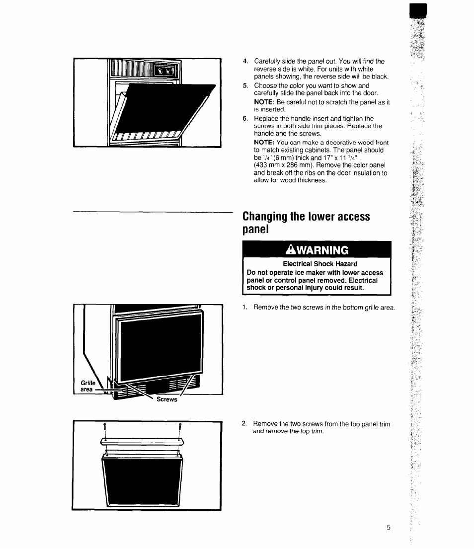 Changing the lower access panel, Changing the iower access panel, Warning | Whirlpool EC510 User Manual | Page 5 / 16