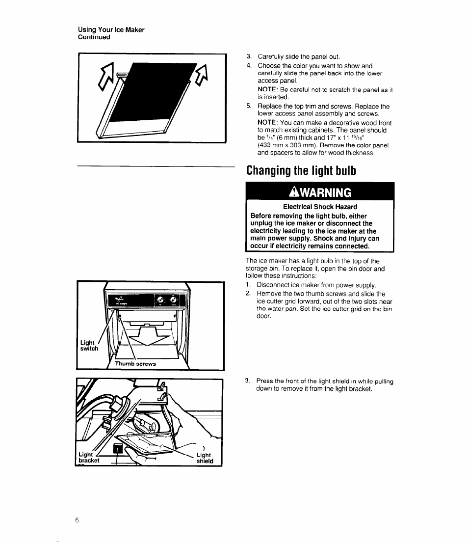 Changing the light bulb, Warning | Whirlpool EC510 User Manual | Page 6 / 16