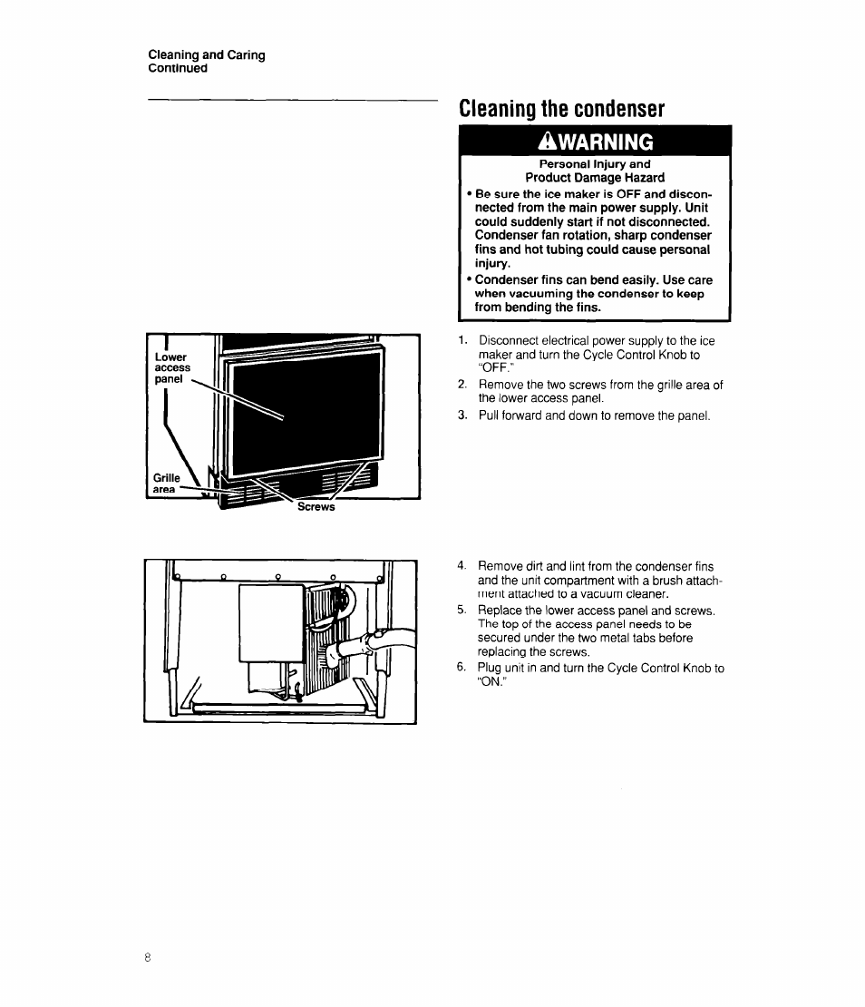 Cleaning the condenser, Warning | Whirlpool EC510 User Manual | Page 8 / 16