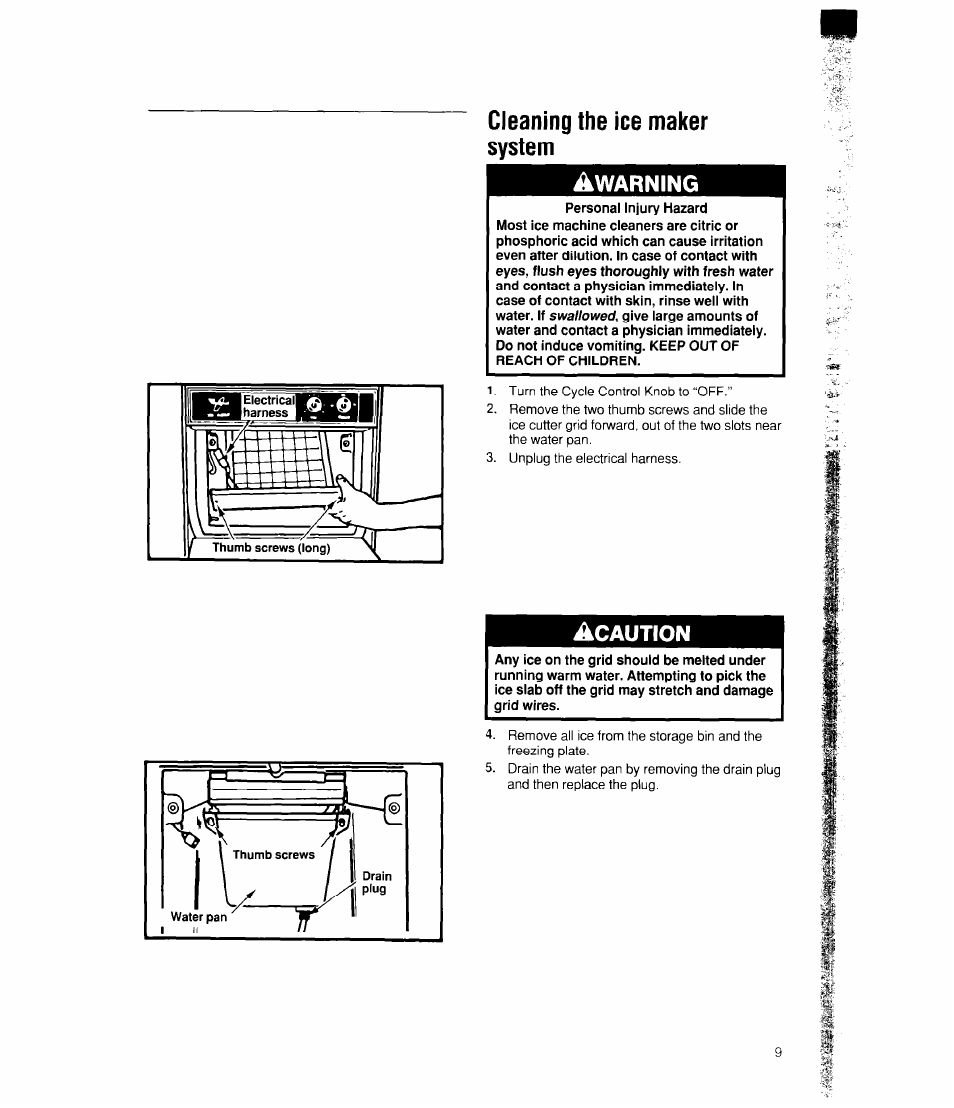 Cleaning the ice maker system, Âwarning, Caution | Whirlpool EC510 User Manual | Page 9 / 16